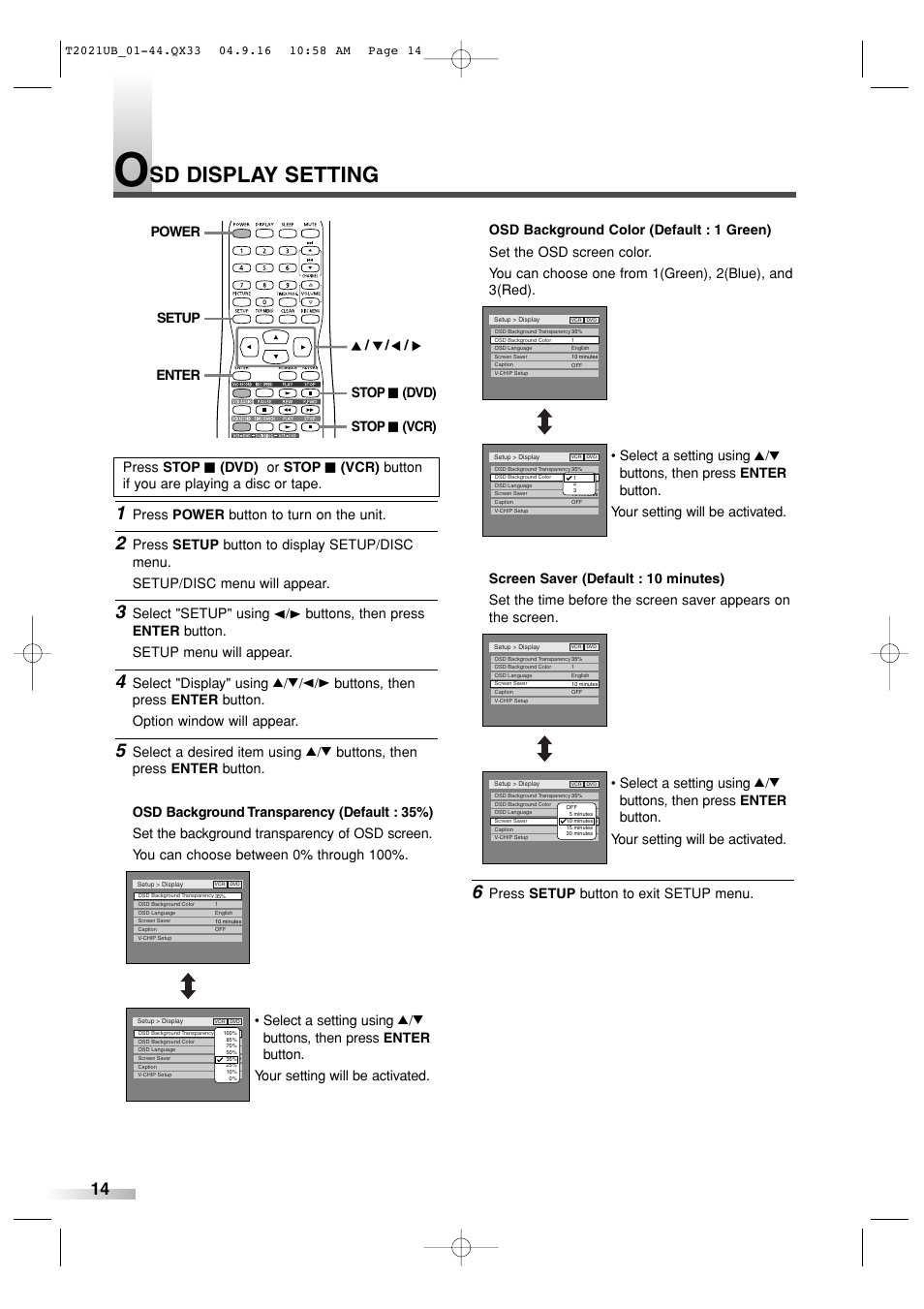 Sd display setting, Press power button to turn on the unit, Select "setup" using | Select "display" using k/l | Sylvania 6727FRE User Manual | Page 14 / 88