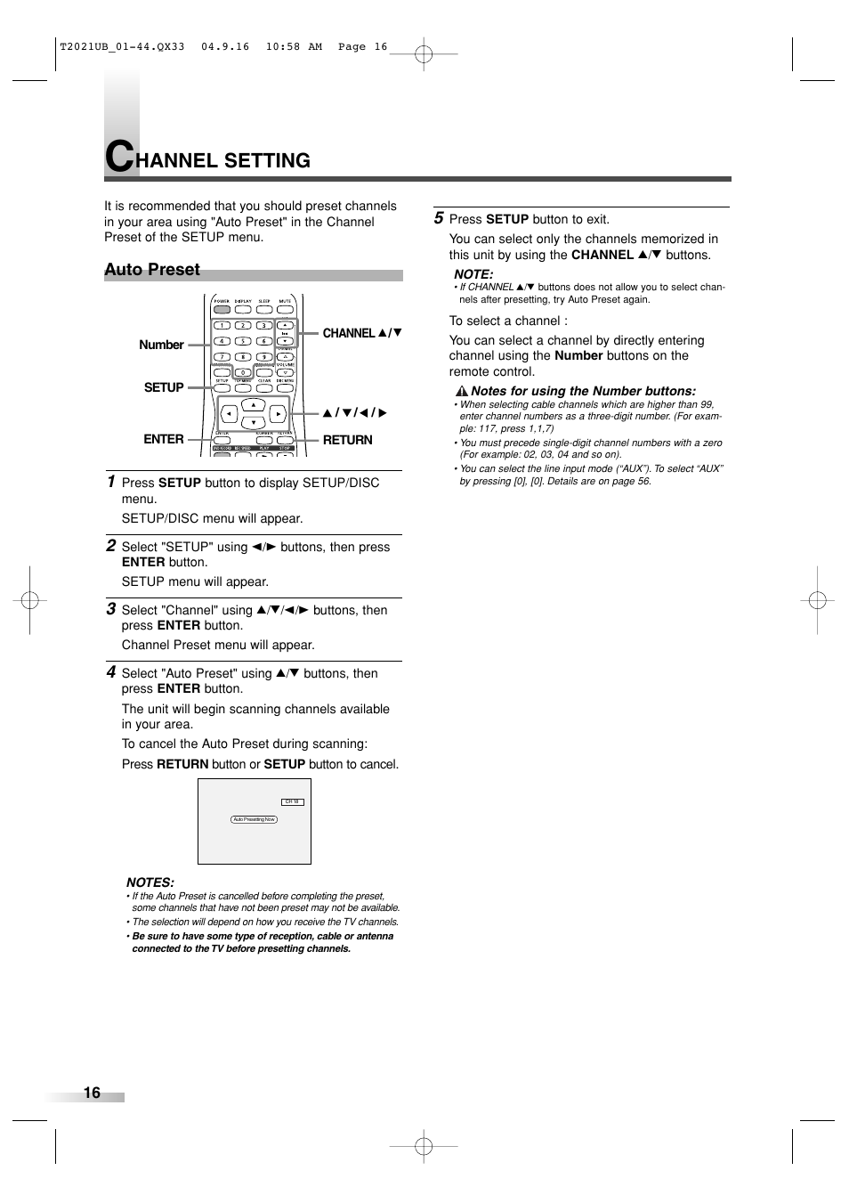 Hannel setting, Auto preset 5 | Sylvania 6727FRE User Manual | Page 16 / 88
