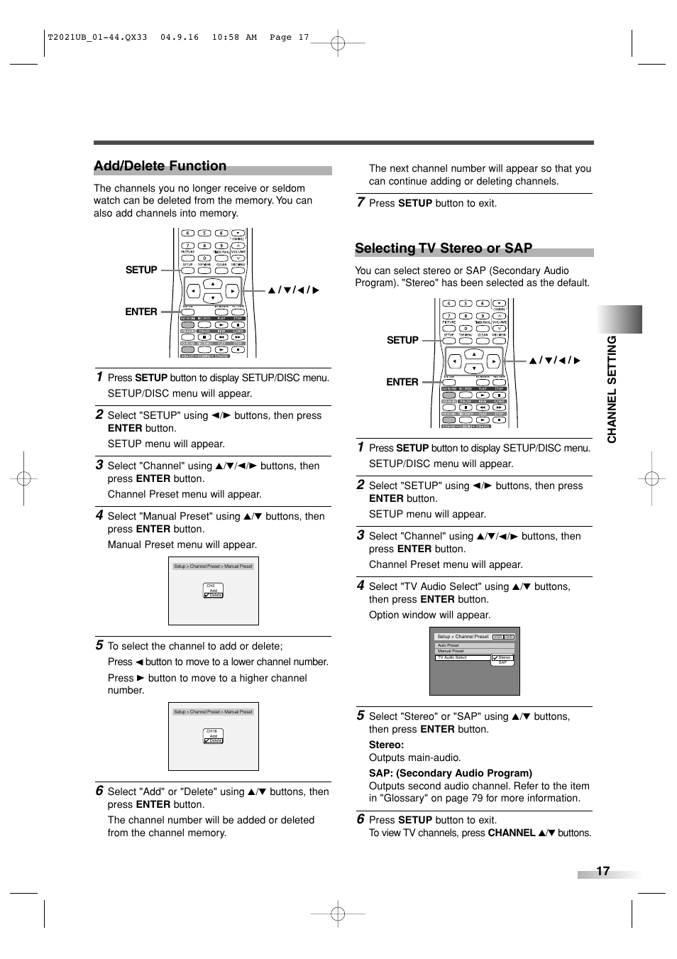 Add/delete function, Selecting tv stereo or sap | Sylvania 6727FRE User Manual | Page 17 / 88