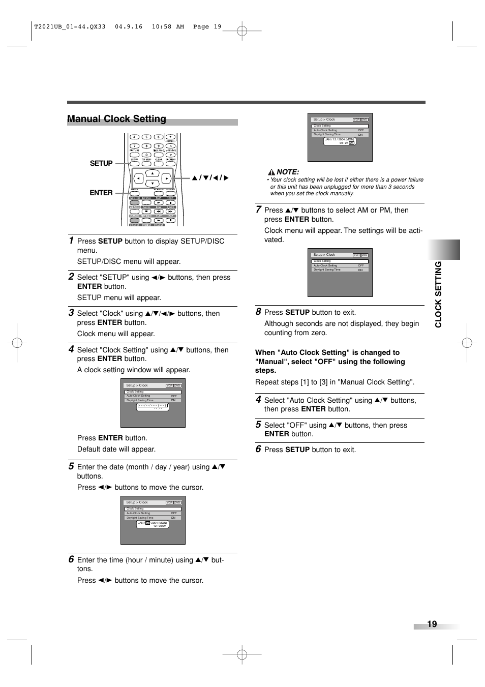 Manual clock setting, Clock setting | Sylvania 6727FRE User Manual | Page 19 / 88