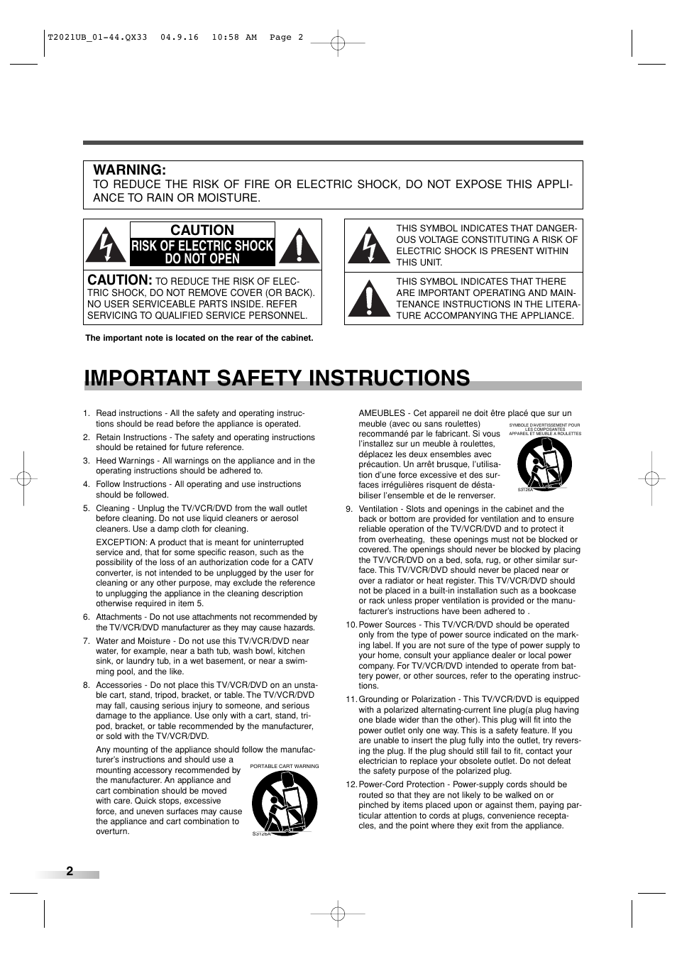 Important safety instructions, Caution, Caution risk of electric shock do not open | Warning | Sylvania 6727FRE User Manual | Page 2 / 88