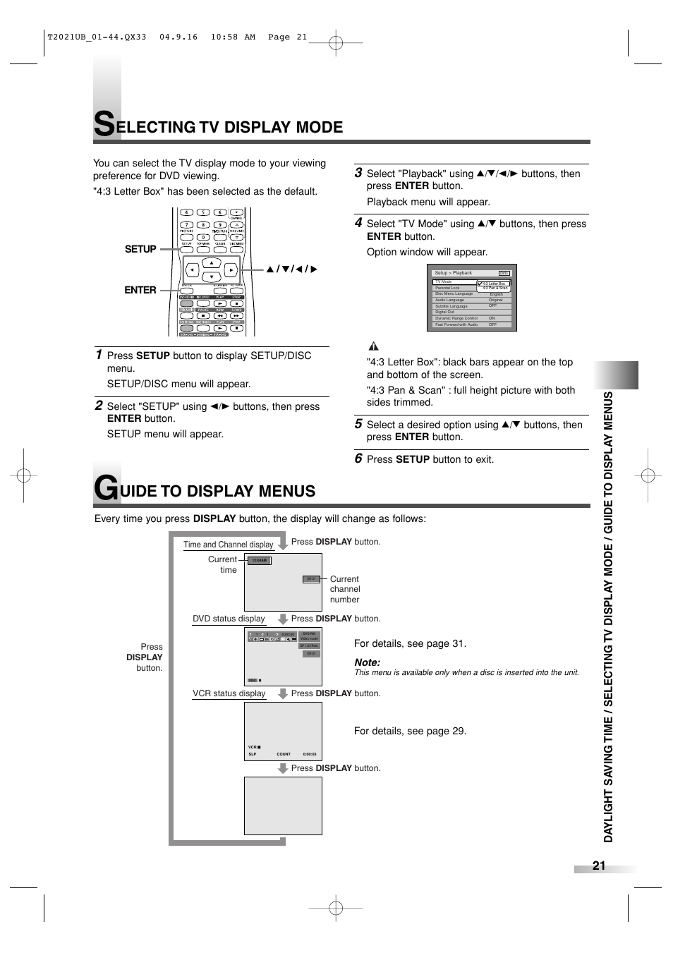 Electing tv display mode, Uide to display menus | Sylvania 6727FRE User Manual | Page 21 / 88