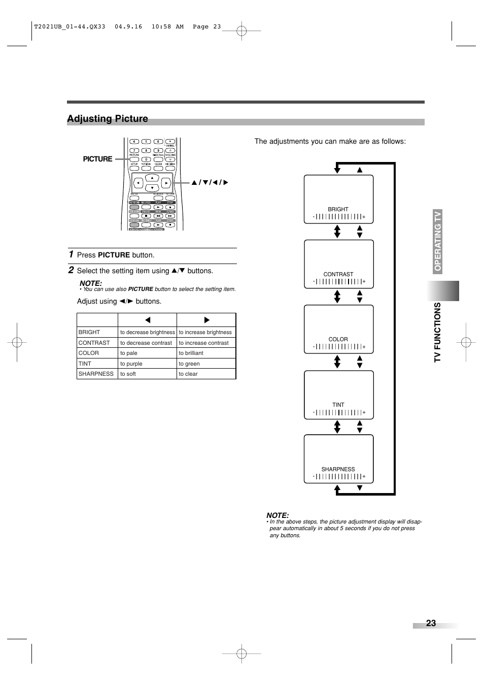 Adjusting picture 1, Opera ting tv tv functions | Sylvania 6727FRE User Manual | Page 23 / 88