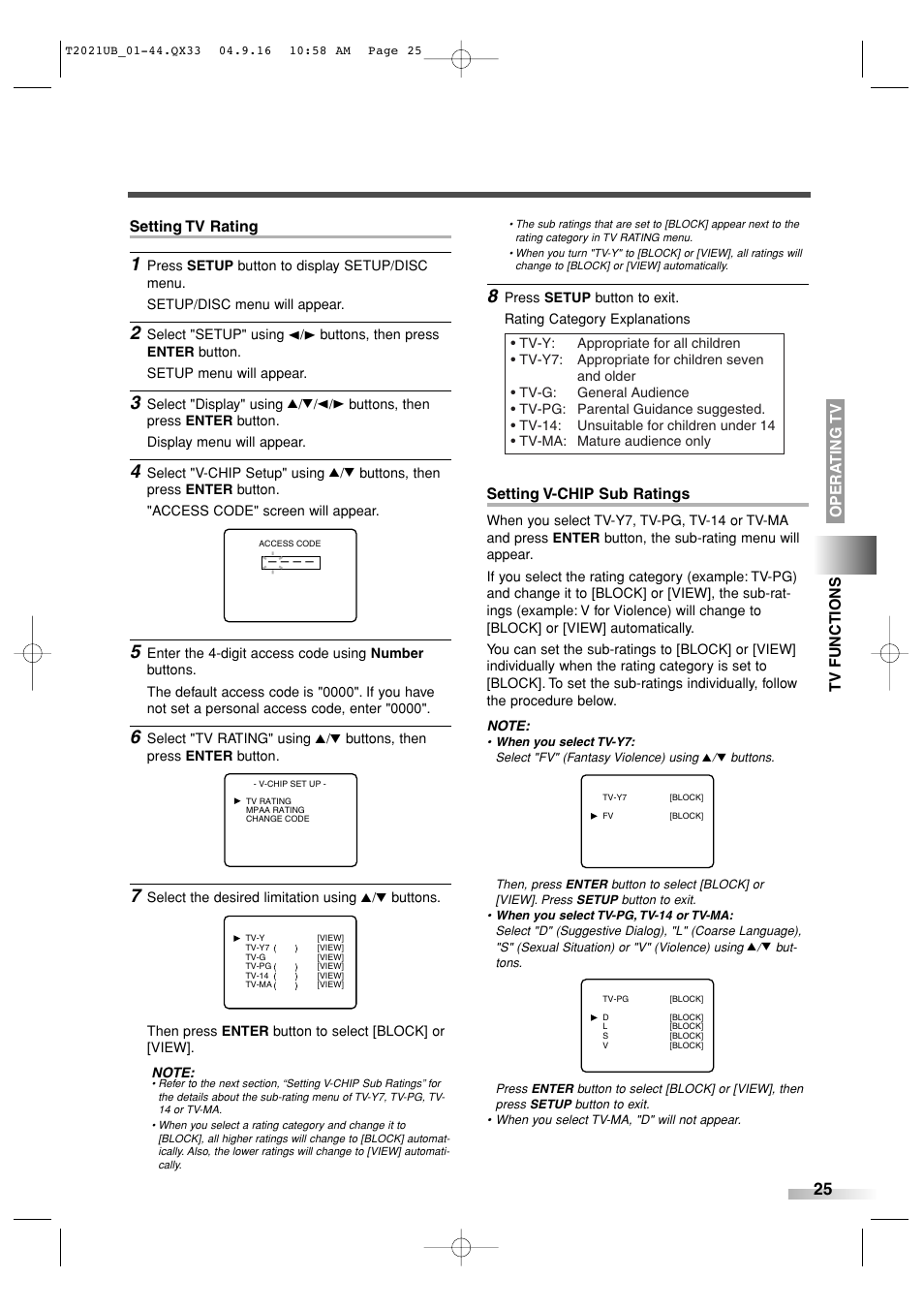 Opera ting tv tv functions setting tv rating, Setting v-chip sub ratings | Sylvania 6727FRE User Manual | Page 25 / 88