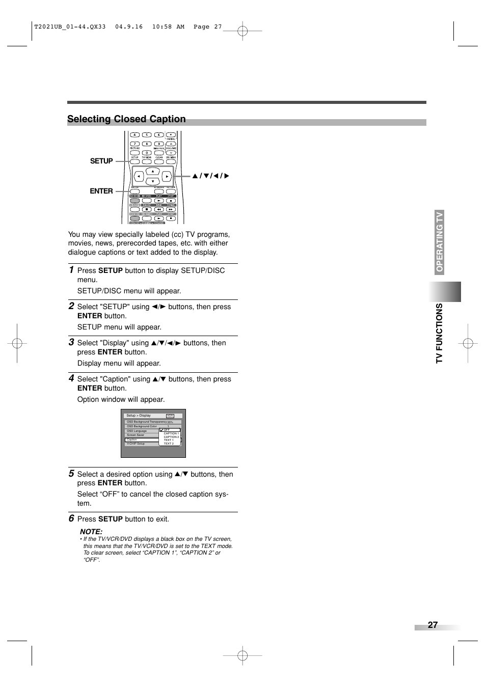 Selecting closed caption, Opera ting tv tv functions | Sylvania 6727FRE User Manual | Page 27 / 88