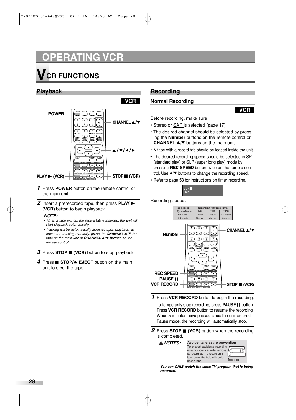 Operating vcr, Cr functions, Playback | Recording | Sylvania 6727FRE User Manual | Page 28 / 88