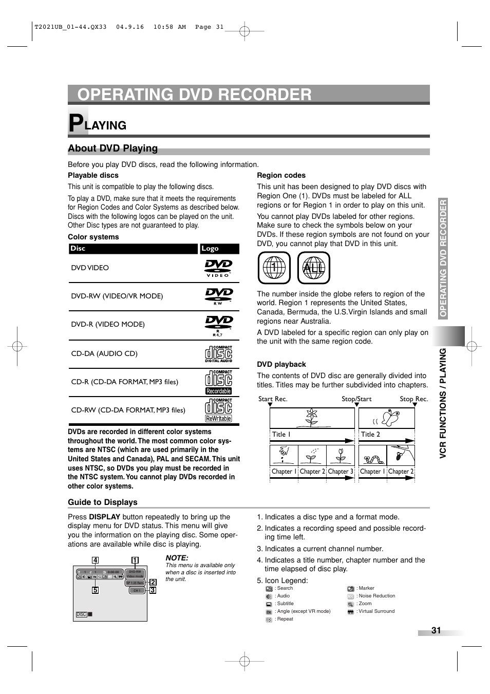 Operating dvd recorder, Laying, About dvd playing | Sylvania 6727FRE User Manual | Page 31 / 88