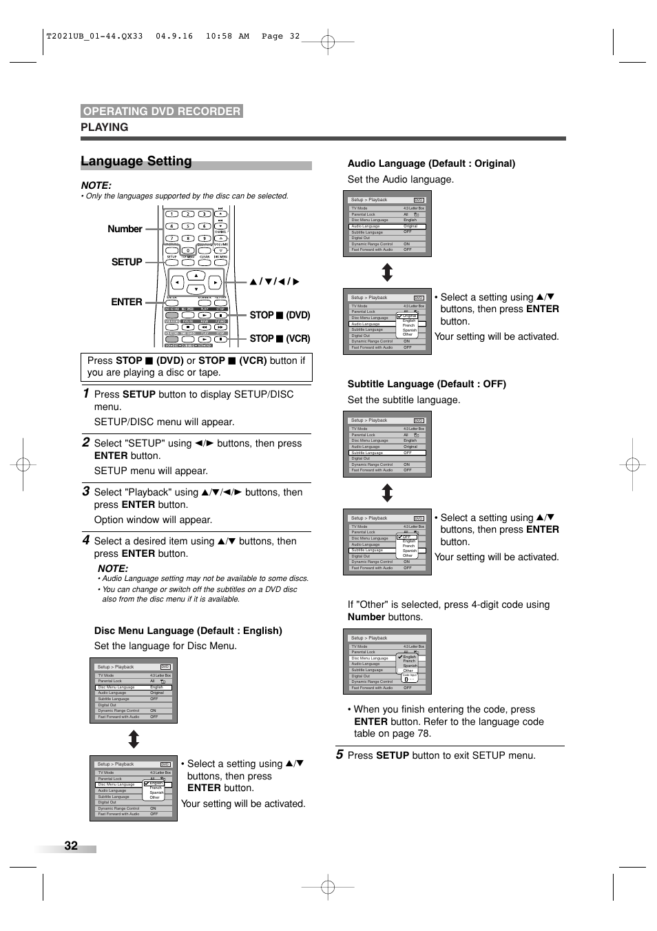 Language setting, Playing, Operating dvd recorder | Select "setup" using, Select "playback" using k/l, Press setup button to exit setup menu | Sylvania 6727FRE User Manual | Page 32 / 88