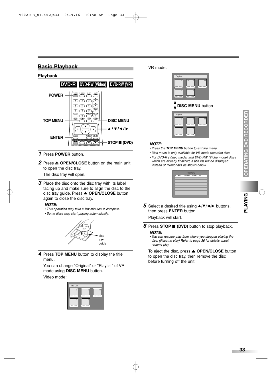 Basic playback, Dvd-rw (vr) dvd-rw (video) dvd-r, Playback | Opera ting d vd recorder pla ying, Press power button, Select a desired title using k/l, Enter stop c (dvd) disc menu top menu power | Sylvania 6727FRE User Manual | Page 33 / 88