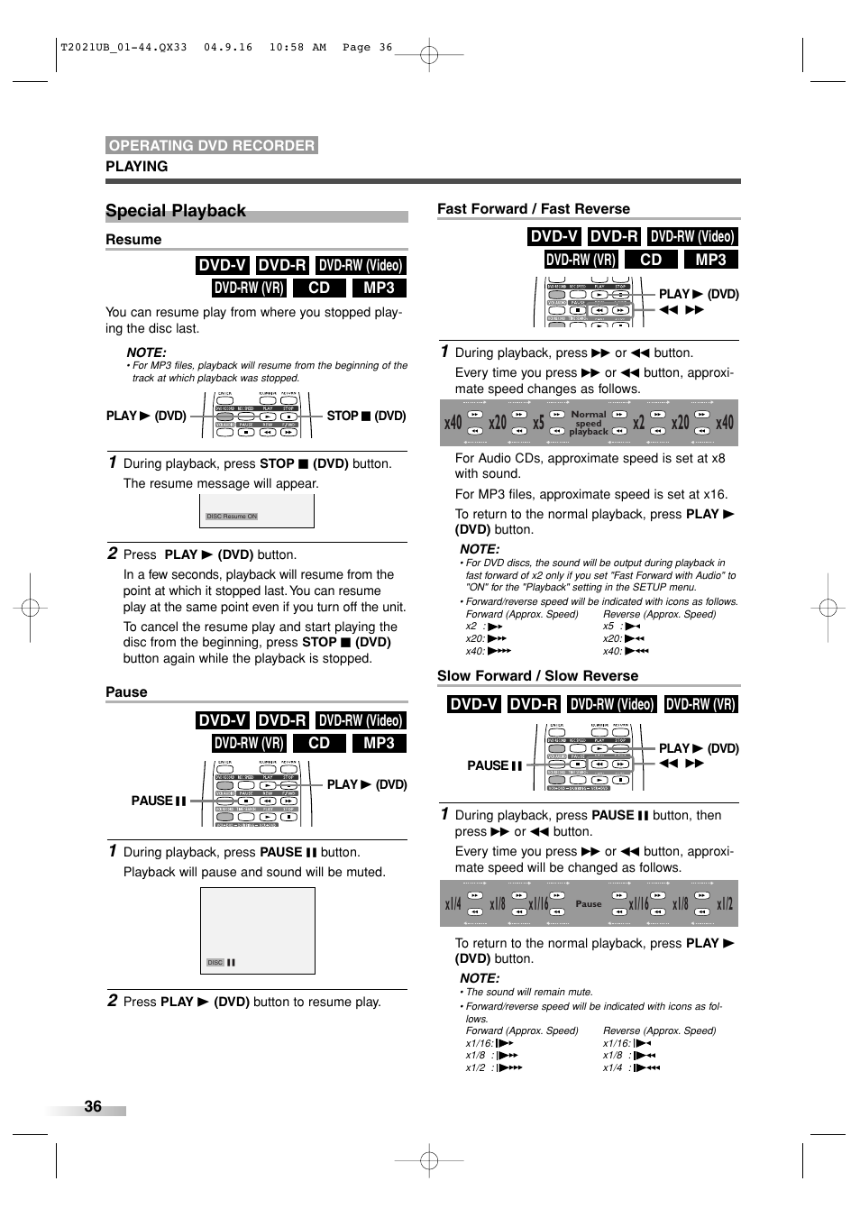 X1/8, Special playback | Sylvania 6727FRE User Manual | Page 36 / 88