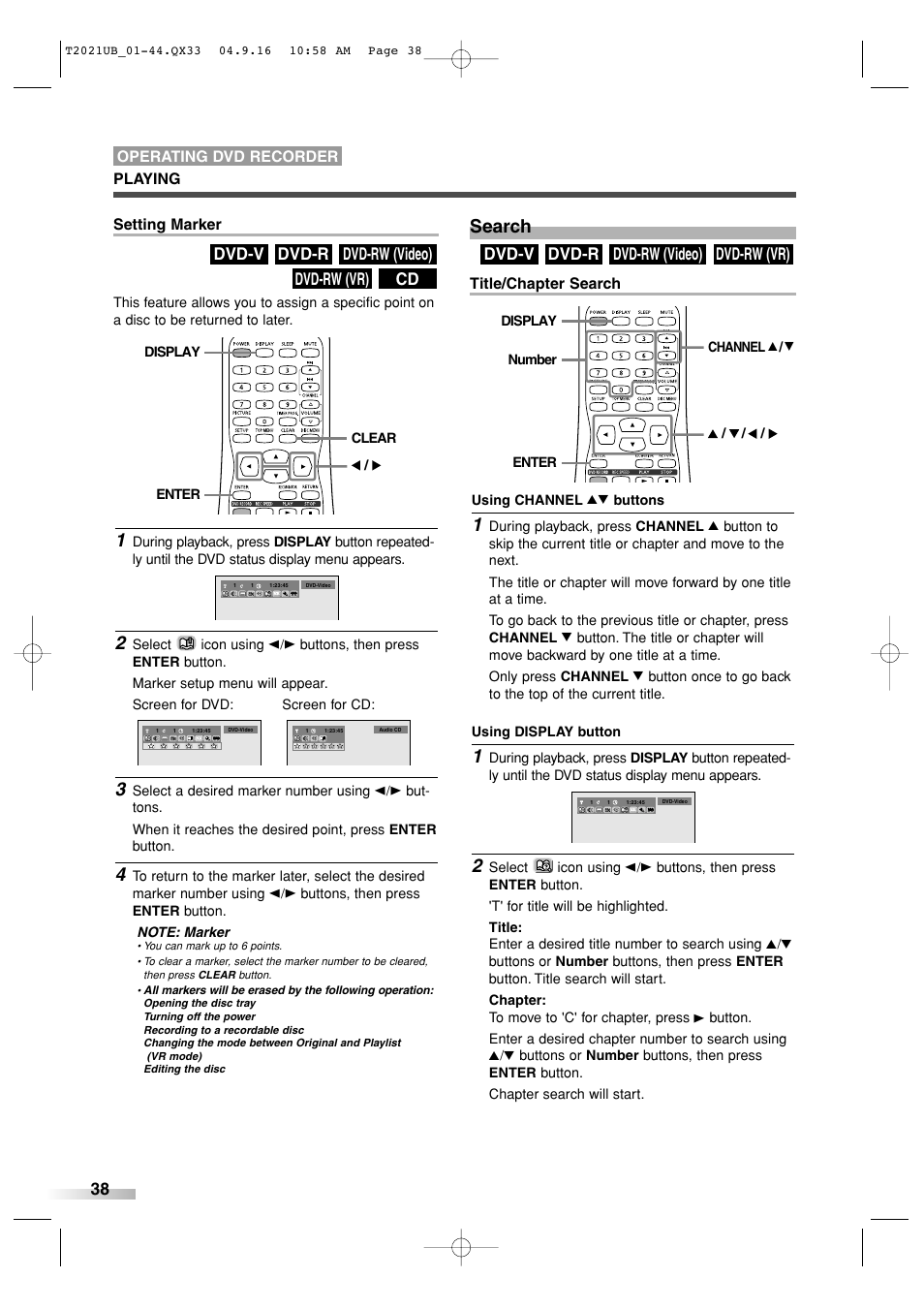 Search, Dvd-rw (vr) dvd-rw (video) dvd-r dvd-v, Cd dvd-rw (vr) dvd-rw (video) dvd-r dvd-v | Title/chapter search, Setting marker, Playing operating dvd recorder | Sylvania 6727FRE User Manual | Page 38 / 88