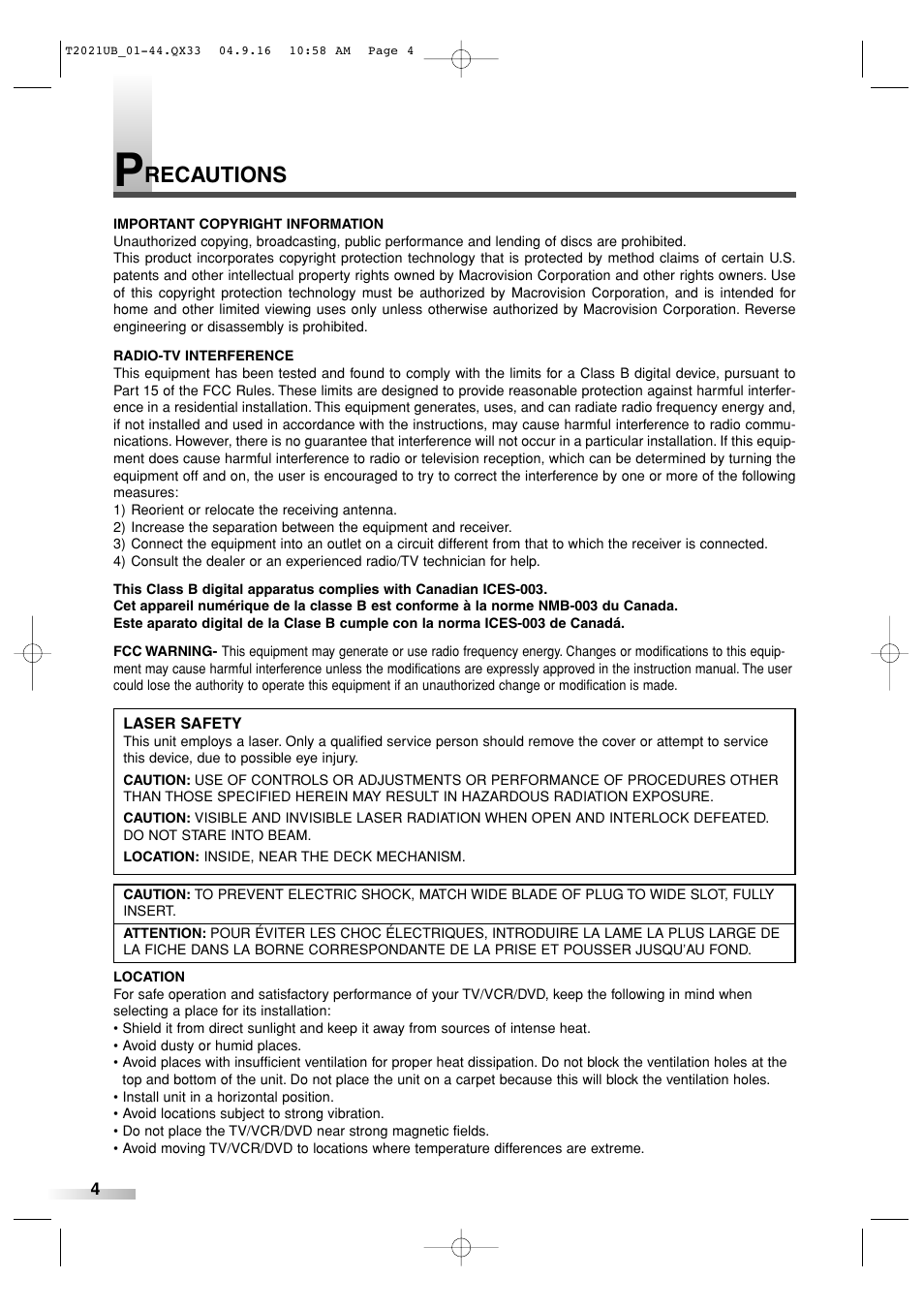 Recautions | Sylvania 6727FRE User Manual | Page 4 / 88