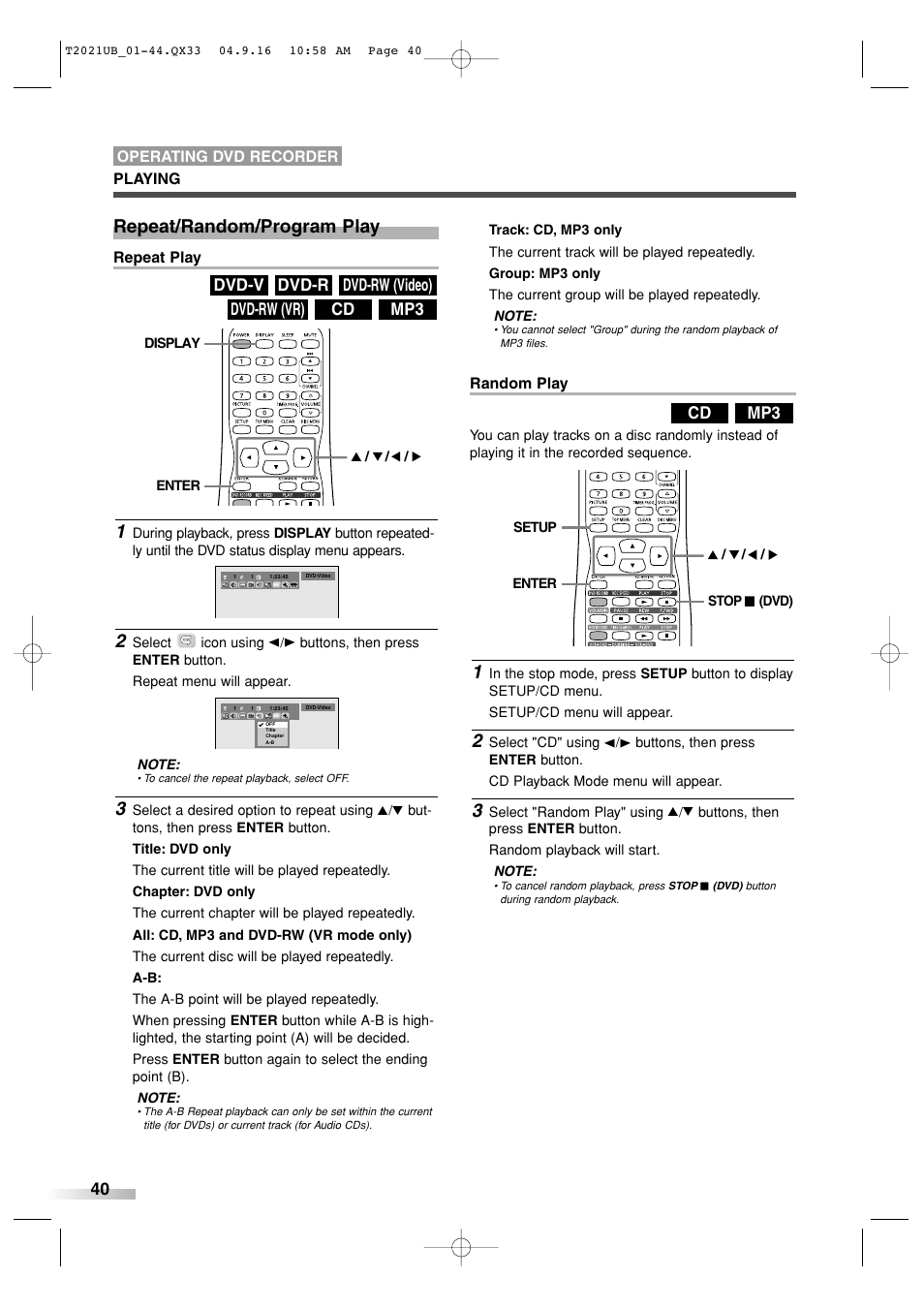 Repeat/random/program play, Mp3 cd dvd-rw (vr) dvd-rw (video) dvd-r dvd-v, Mp3 cd | Sylvania 6727FRE User Manual | Page 40 / 88