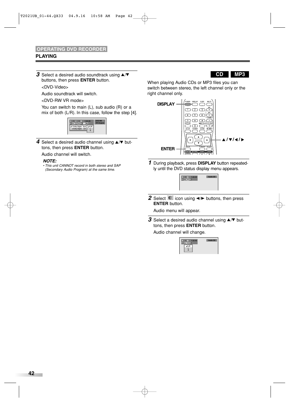 Mp3 cd, Playing operating dvd recorder | Sylvania 6727FRE User Manual | Page 42 / 88