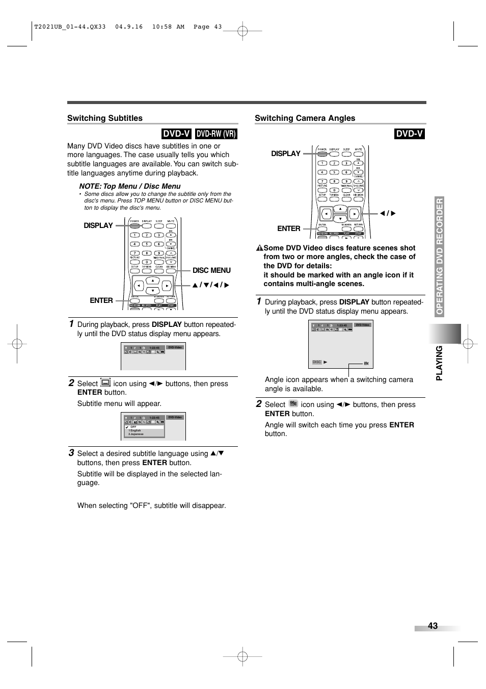 Dvd-rw (vr) dvd-v, Dvd-v, Switching camera angles | Sylvania 6727FRE User Manual | Page 43 / 88