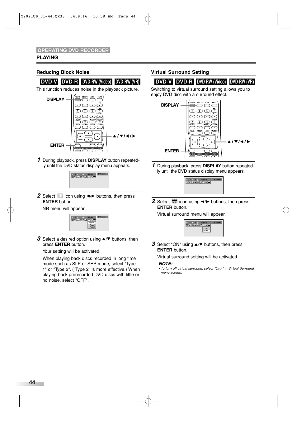 Dvd-rw (vr) dvd-rw (video) dvd-r dvd-v, Reducing block noise, Virtual surround setting | Playing operating dvd recorder | Sylvania 6727FRE User Manual | Page 44 / 88