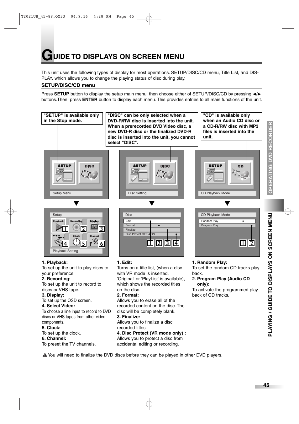 Uide to displays on screen menu | Sylvania 6727FRE User Manual | Page 45 / 88