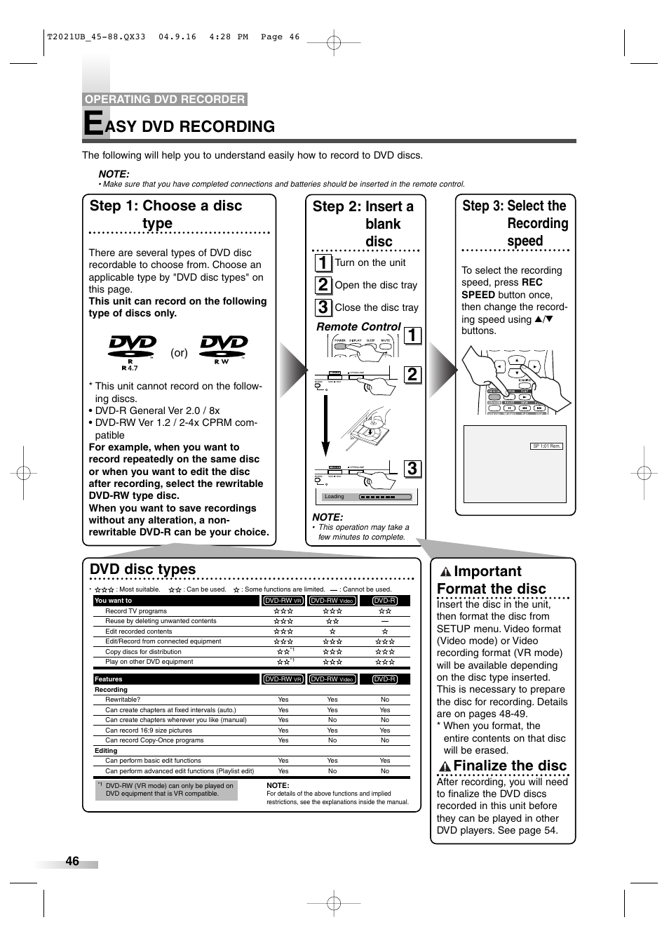 Asy dvd recording, Step 1: choose a disc type, Step 2: insert a blank disc | Important format the disc, Finalize the disc, Dvd disc types, Step 3: select the recording speed | Sylvania 6727FRE User Manual | Page 46 / 88