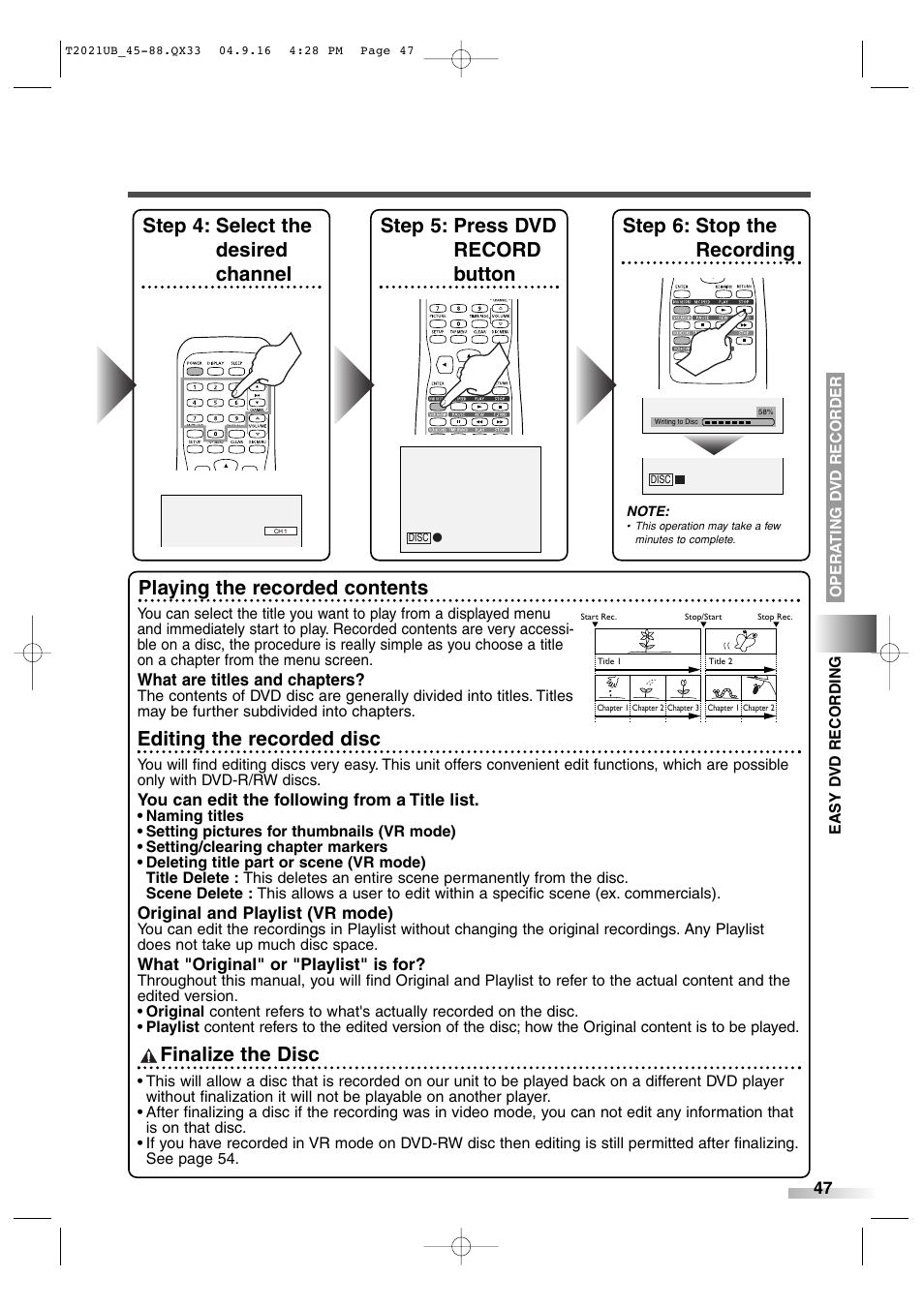 Playing the recorded contents, Editing the recorded disc, Finalize the disc | Sylvania 6727FRE User Manual | Page 47 / 88