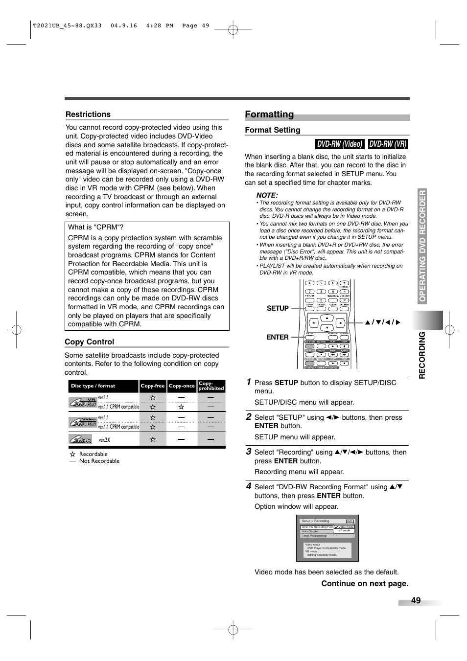 Formatting, Dvd-rw (vr) dvd-rw (video), Copy control | Format setting, Restrictions | Sylvania 6727FRE User Manual | Page 49 / 88