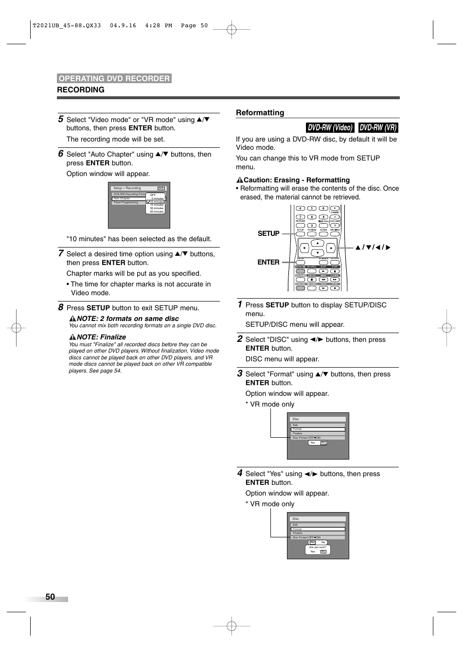 Dvd-rw (vr) dvd-rw (video), Reformatting, Recording operating dvd recorder | Sylvania 6727FRE User Manual | Page 50 / 88