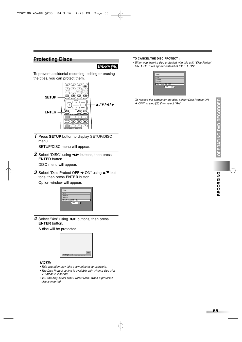 Protecting discs, Dvd-rw (vr), Opera ting d vd recorder recording | Sylvania 6727FRE User Manual | Page 55 / 88