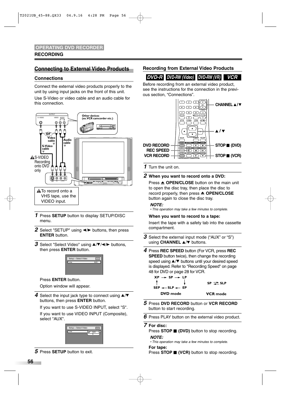 Connecting to external video products, Vcr dvd-rw (vr) dvd-rw (video) dvd-r | Sylvania 6727FRE User Manual | Page 56 / 88