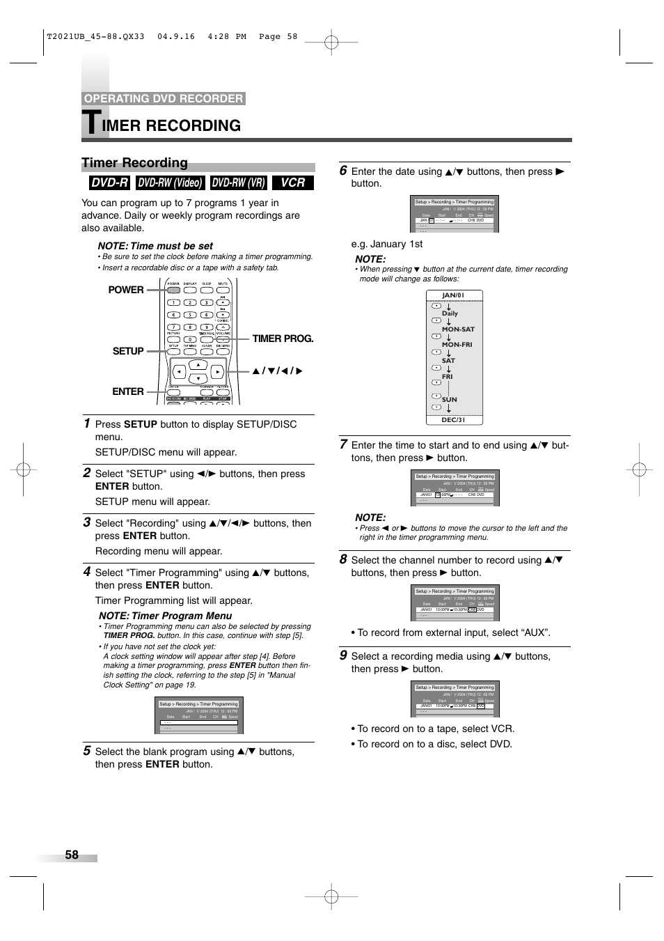 Imer recording, Timer recording, Vcr dvd-rw (vr) dvd-rw (video) dvd-r | Operating dvd recorder, Select "setup" using, Select "recording" using k/l, Enter setup power / / / timer prog | Sylvania 6727FRE User Manual | Page 58 / 88