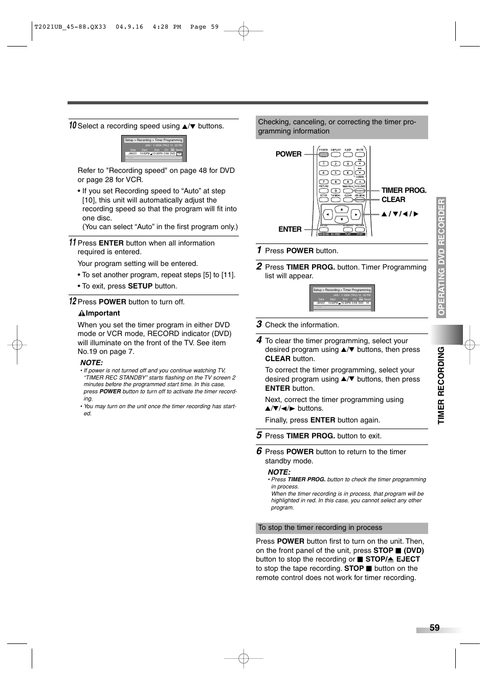 Opera ting d vd recorder timer recording | Sylvania 6727FRE User Manual | Page 59 / 88