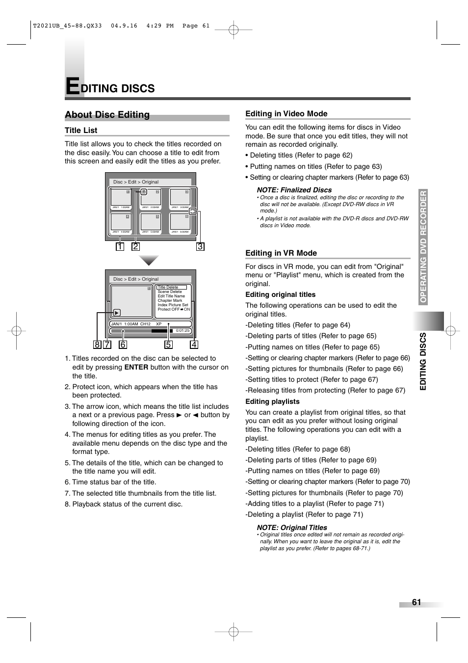 Diting discs, About disc editing, Title list | Editing in video mode, Editing in vr mode, Opera ting d vd recorder editing discs | Sylvania 6727FRE User Manual | Page 61 / 88