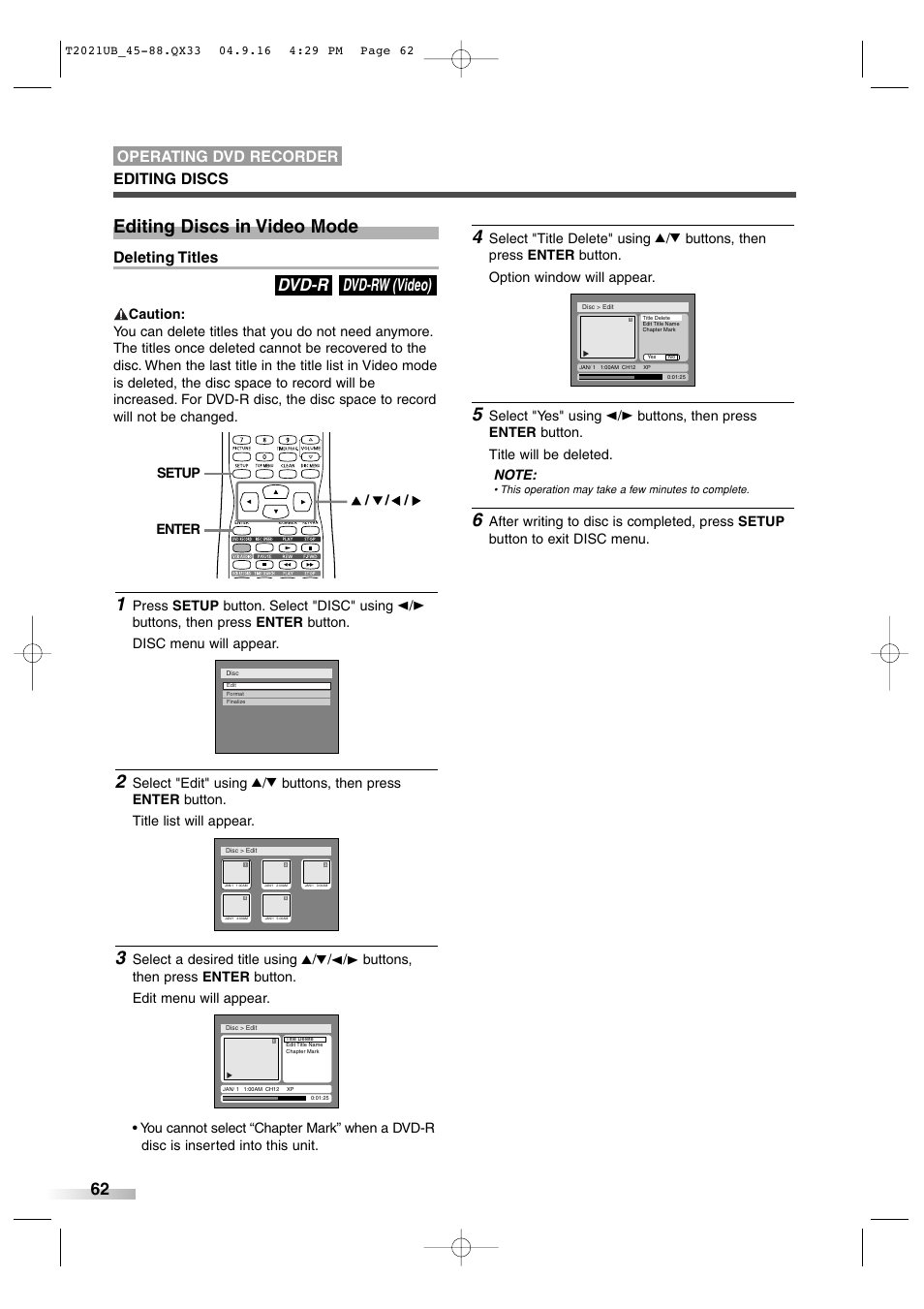 Editing discs in video mode, Dvd-rw (video) dvd-r, Deleting titles | Editing discs operating dvd recorder | Sylvania 6727FRE User Manual | Page 62 / 88