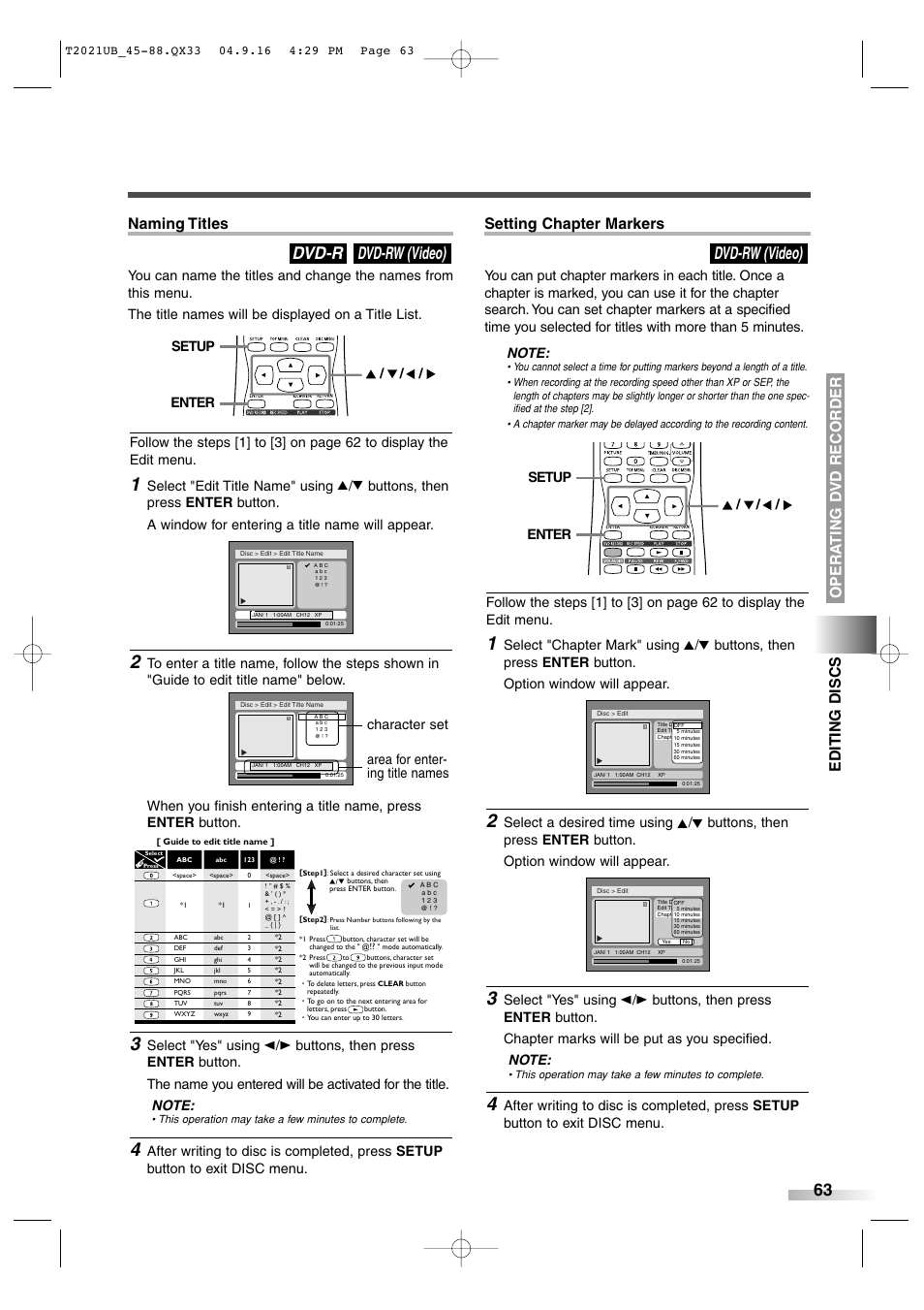 Dvd-rw (video), Dvd-rw (video) dvd-r, Naming titles | Select "yes" using, Enter setup | Sylvania 6727FRE User Manual | Page 63 / 88