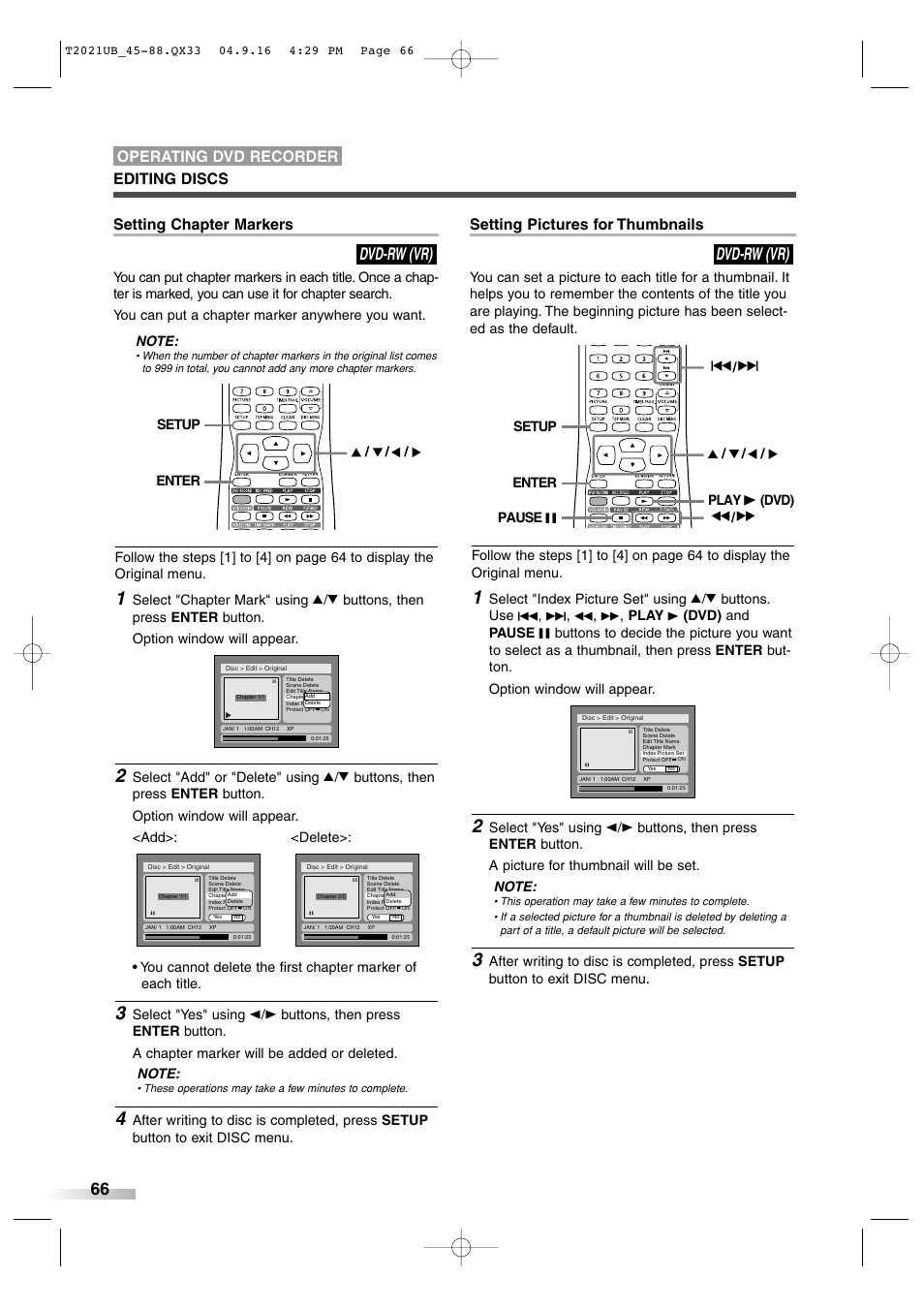 Dvd-rw (vr), Setting chapter markers, Setting pictures for thumbnails | Editing discs operating dvd recorder | Sylvania 6727FRE User Manual | Page 66 / 88