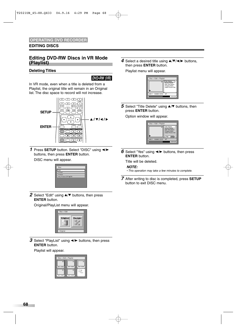 Editing dvd-rw discs in vr mode (playlist), Dvd-rw (vr), Deleting titles | Editing discs operating dvd recorder | Sylvania 6727FRE User Manual | Page 68 / 88