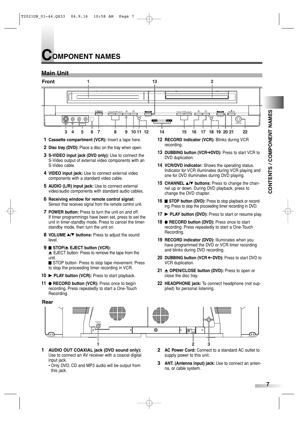Omponent names, Main unit | Sylvania 6727FRE User Manual | Page 7 / 88