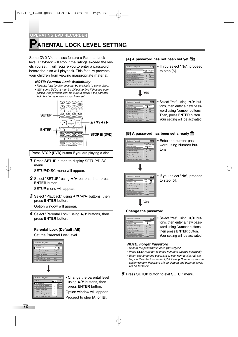 Arental lock level setting, Operating dvd recorder, Yes • if you select "no", proceed to step [5 | Select "yes" using, Select "setup" using, Select "playback" using k/l | Sylvania 6727FRE User Manual | Page 72 / 88