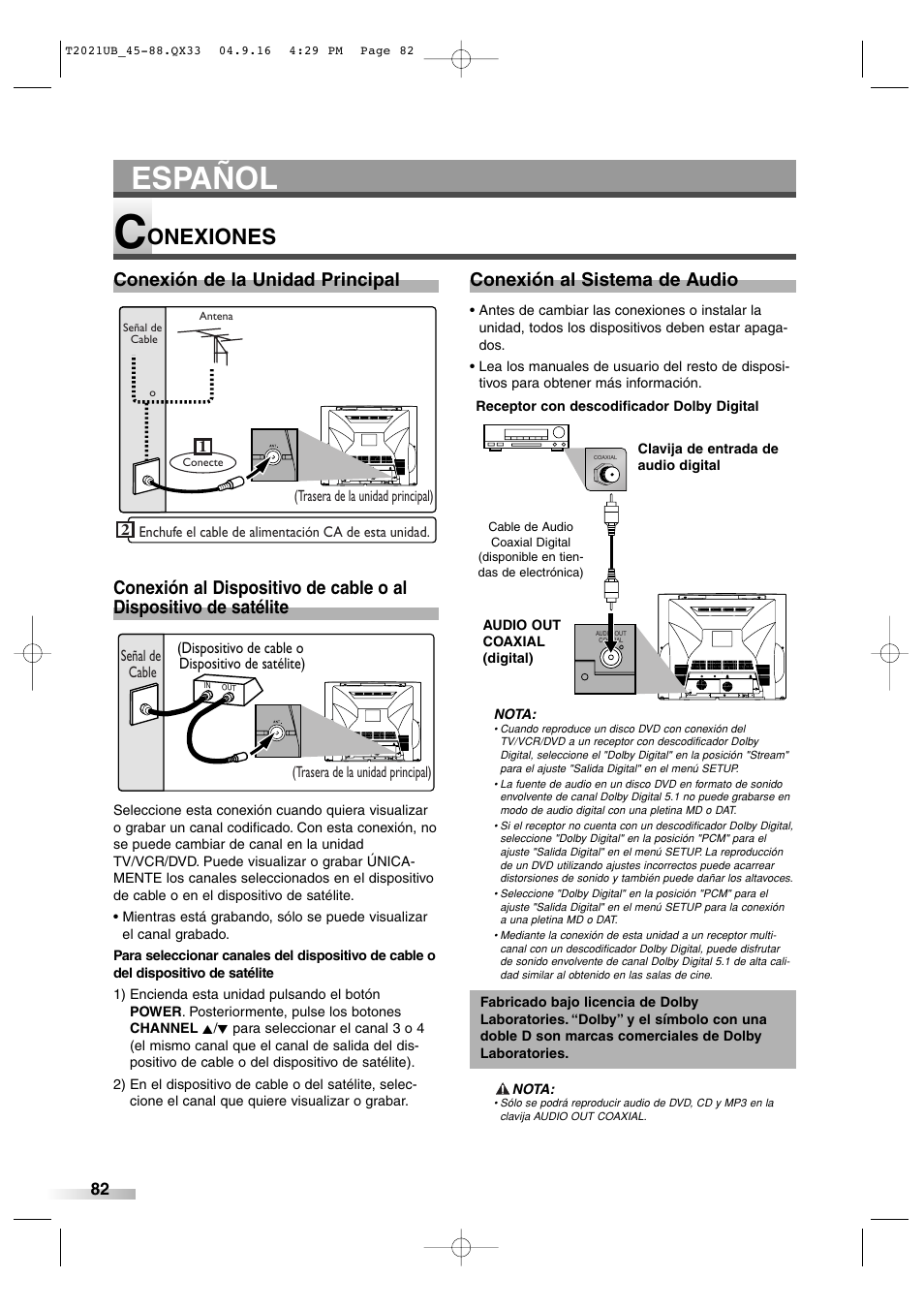 Español, Onexiones, Conexión de la unidad principal | Conexión al sistema de audio | Sylvania 6727FRE User Manual | Page 82 / 88