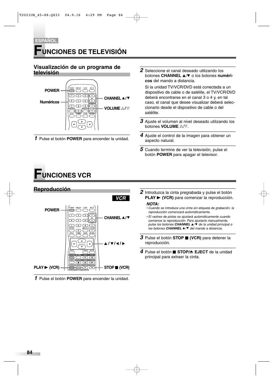 Unciones de televisión, Unciones vcr | Sylvania 6727FRE User Manual | Page 84 / 88