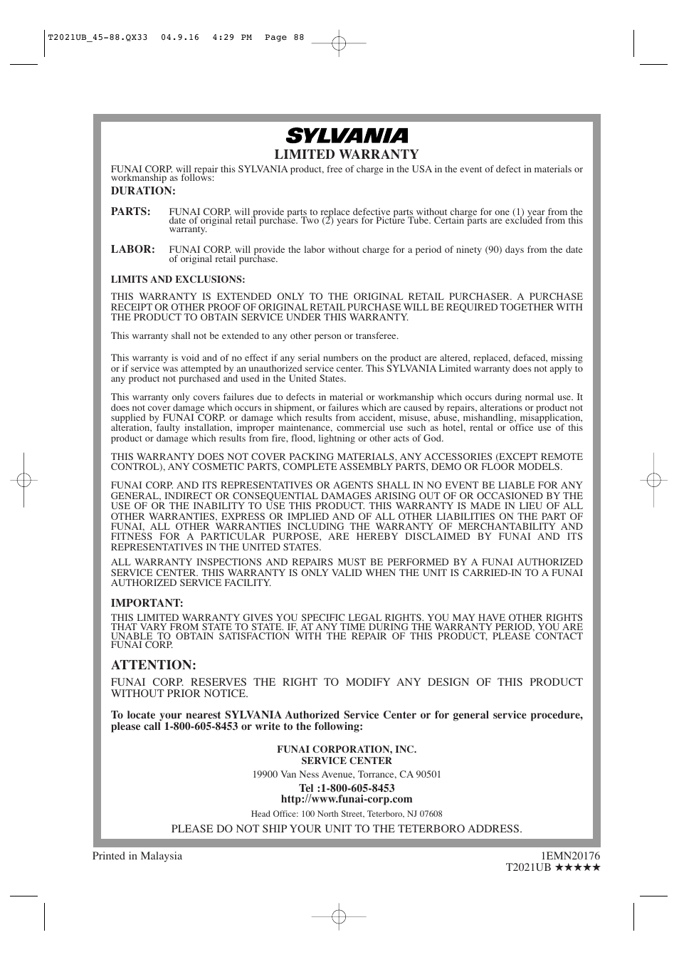 Limited warranty, Attention | Sylvania 6727FRE User Manual | Page 88 / 88