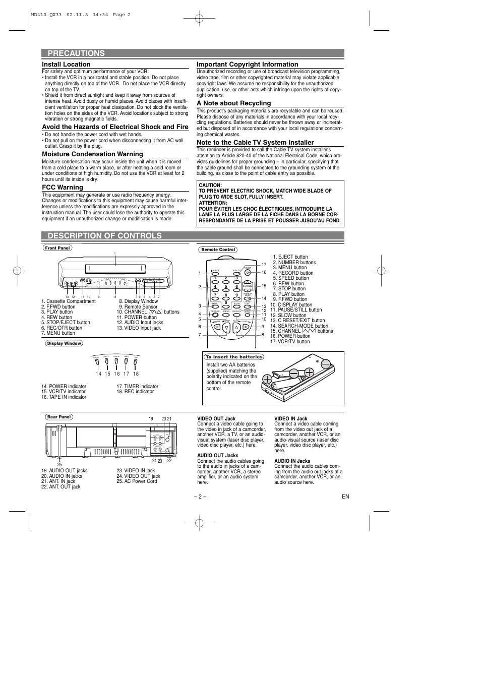 Precautions description of controls, Install location, Avoid the hazards of electrical shock and fire | Moisture condensation warning, Fcc warning, Important copyright information | Sylvania 6260VD User Manual | Page 2 / 8