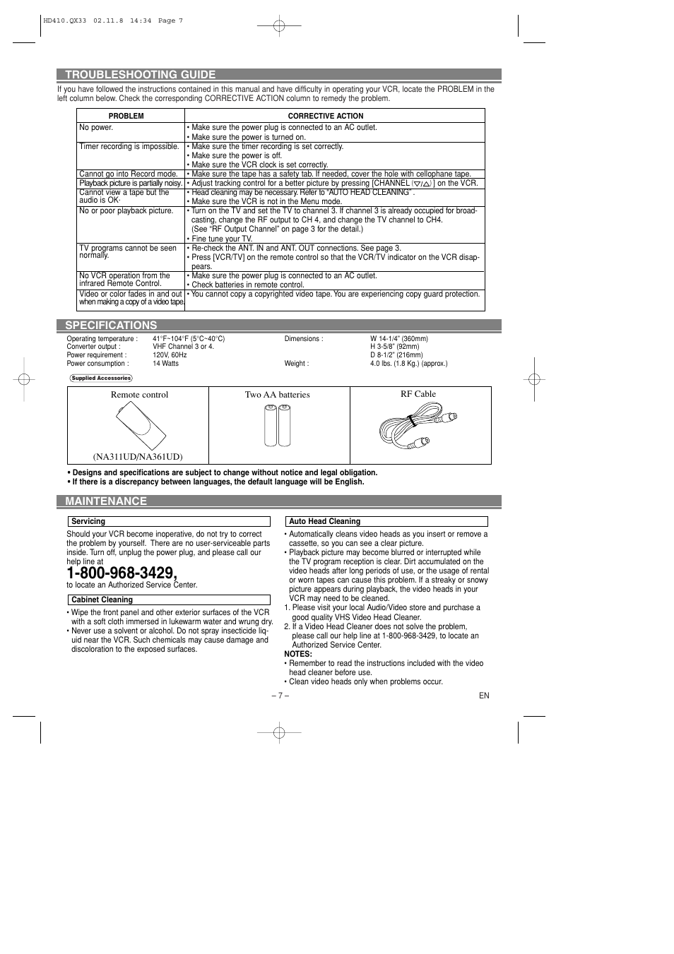Troubleshooting guide specifications maintenance | Sylvania 6260VD User Manual | Page 7 / 8