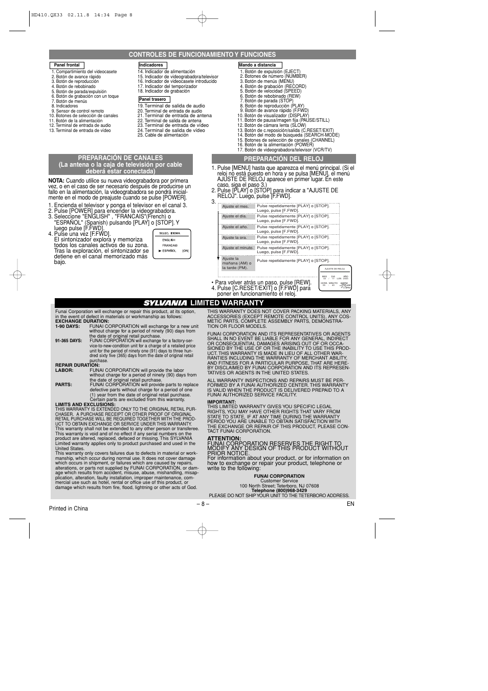 Limited warranty, Controles de funcionamiento y funciones | Sylvania 6260VD User Manual | Page 8 / 8