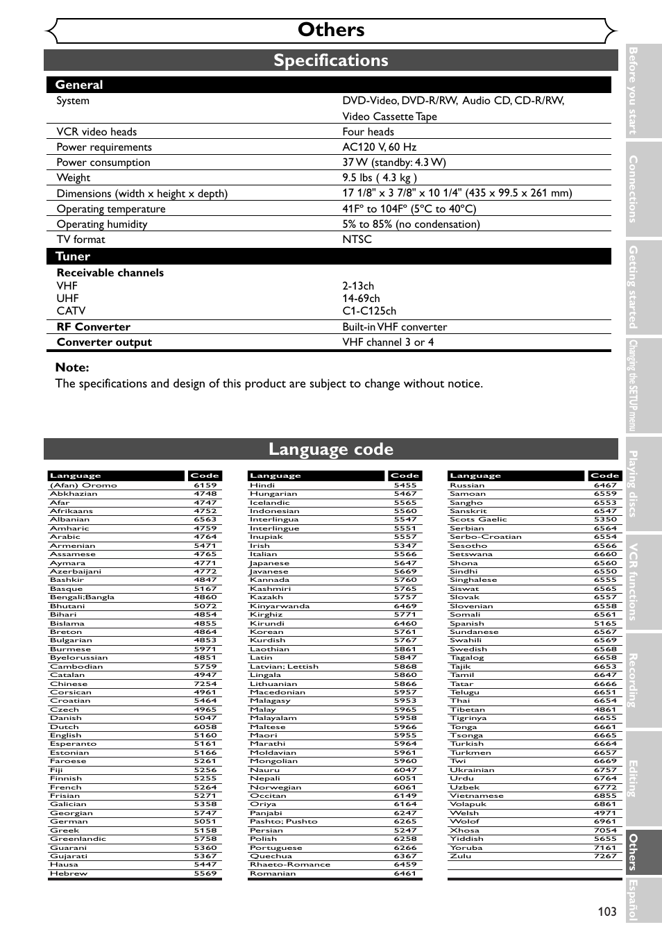 Others, Specifications, Language code | General | Sylvania SRDV495 User Manual | Page 103 / 108