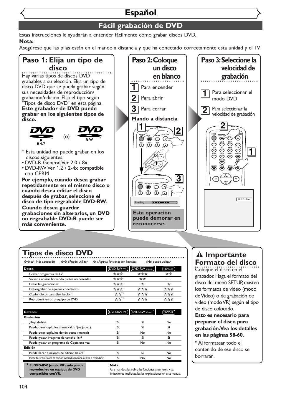 Español, Fácil grabación de dvd, Paso 3:seleccione la velocidad de grabación | Paso 1: elija un tipo de disco, Paso 2:coloque un disco en blanco, Importante formato del disco, Tipos de disco dvd, Mando a distancia para abrir para cerrar, Para encender, Para seleccionar la velocidad de grabación | Sylvania SRDV495 User Manual | Page 104 / 108