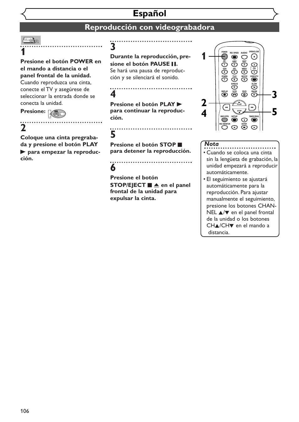 Español, Reproducción con videograbadora, Nota | Sylvania SRDV495 User Manual | Page 106 / 108
