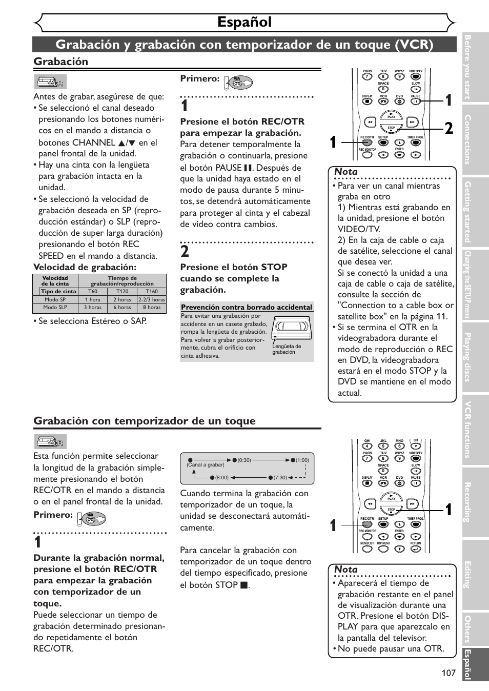 Español, Grabación con temporizador de un toque, Grabación | Nota | Sylvania SRDV495 User Manual | Page 107 / 108