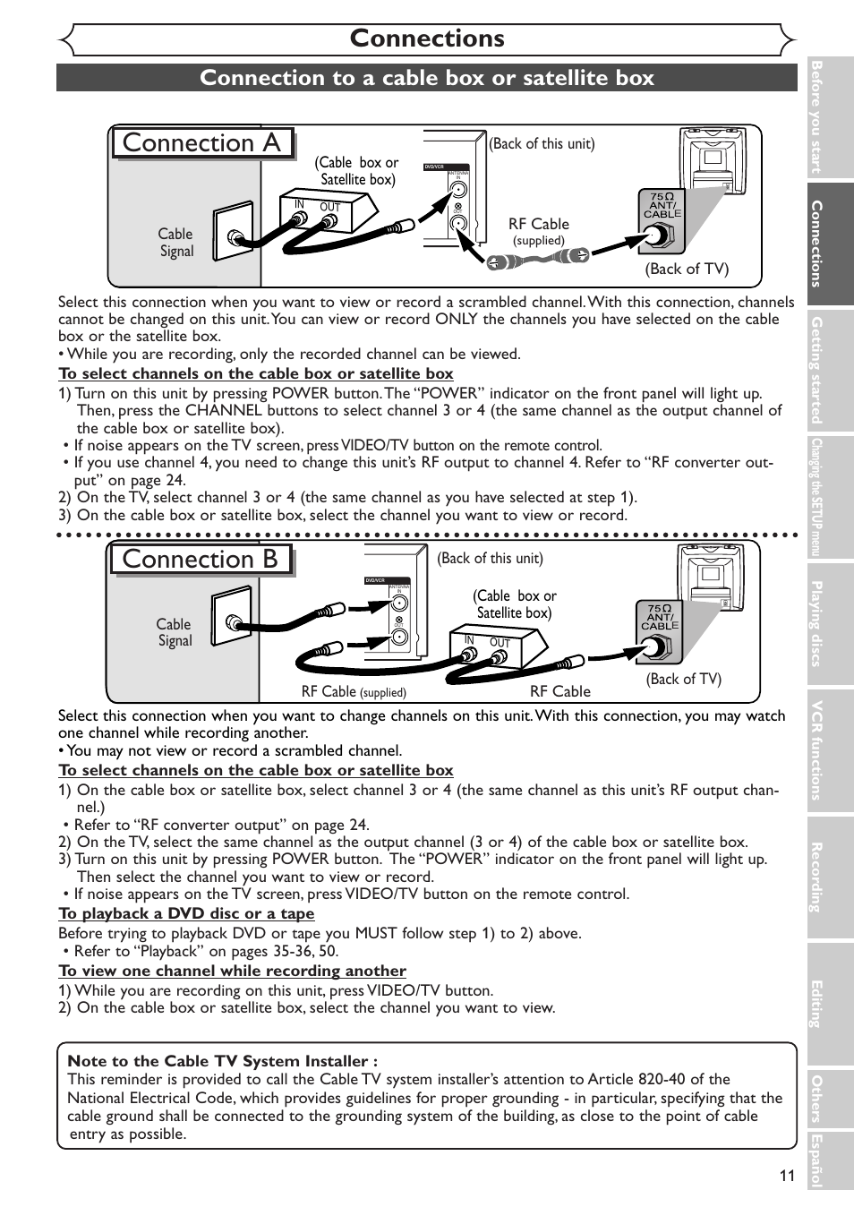 Connection a, Connection b, Connections | Connection to a cable box or satellite box | Sylvania SRDV495 User Manual | Page 11 / 108