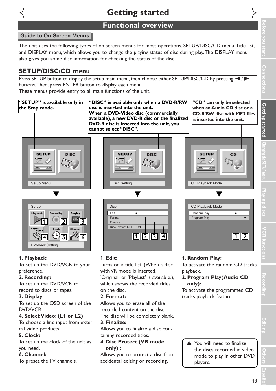 Getting started, Functional overview, Setup/disc/cd menu | Sylvania SRDV495 User Manual | Page 13 / 108