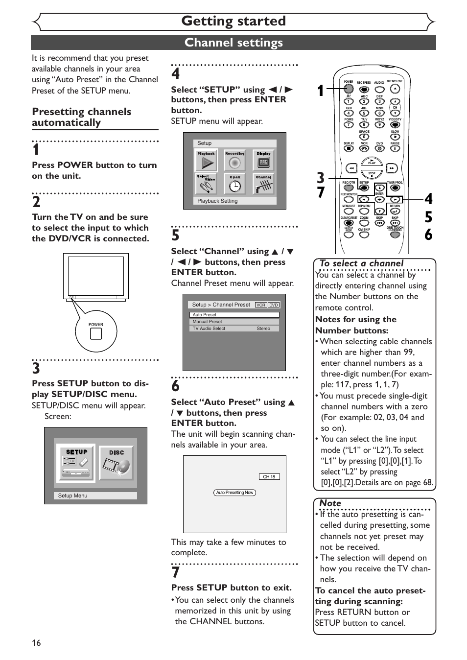 Getting started, Channel settings, Presetting channels automatically | Press power button to turn on the unit | Sylvania SRDV495 User Manual | Page 16 / 108