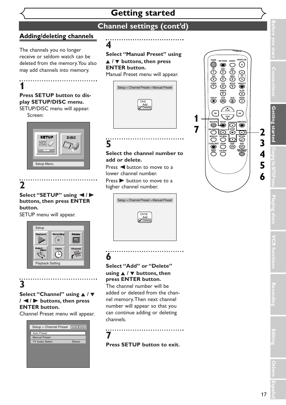 Getting started, Channel settings (cont’d), Adding/deleting channels | Press setup button to exit | Sylvania SRDV495 User Manual | Page 17 / 108